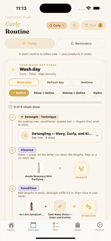 Curl Mate app showing a personalized wash-day plan with step-by-step products and techniques